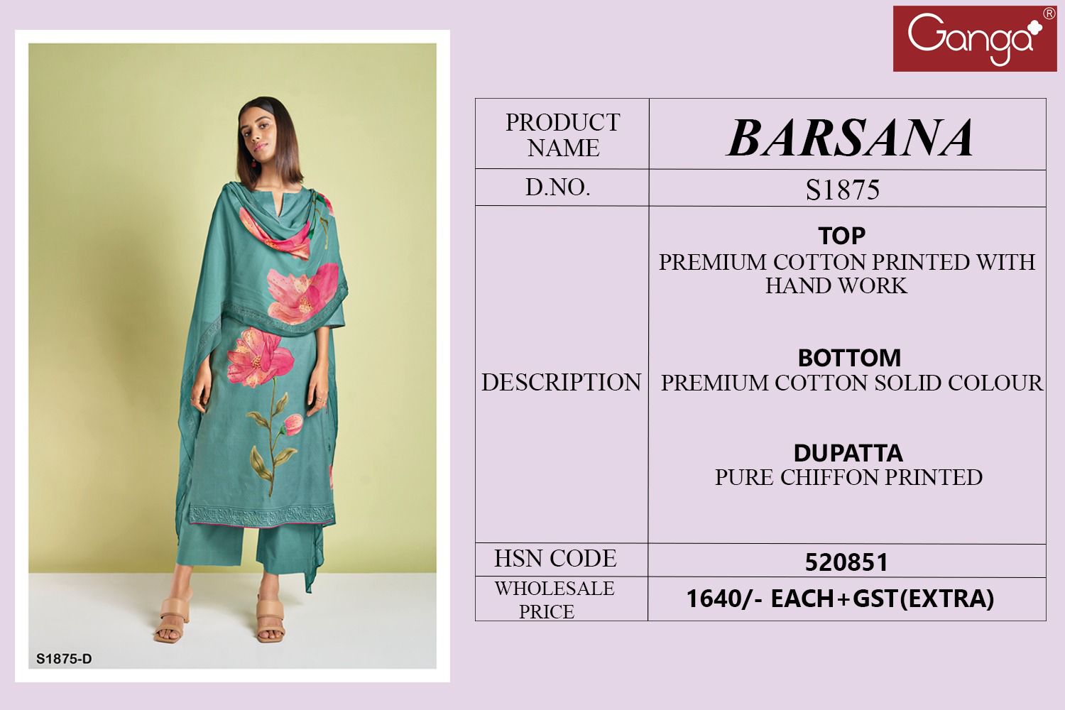 Barsana 1875 By Ganga Handwork With Printed Suits